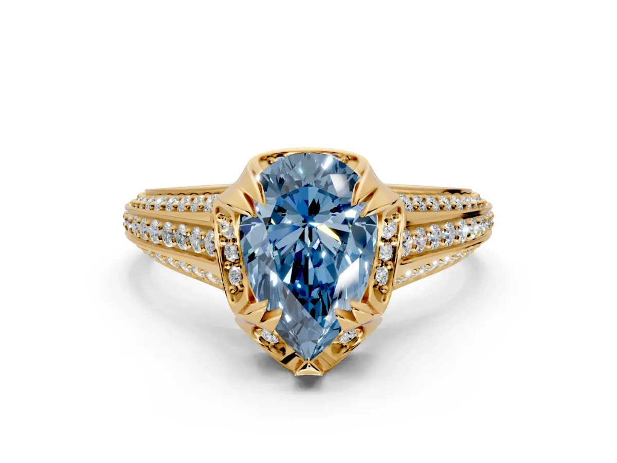 Solitaire Engagement Ring Setting for Fancy Blue Pear-Shaped Center with Accented Split Shank and Prong Head in Yellow Gold