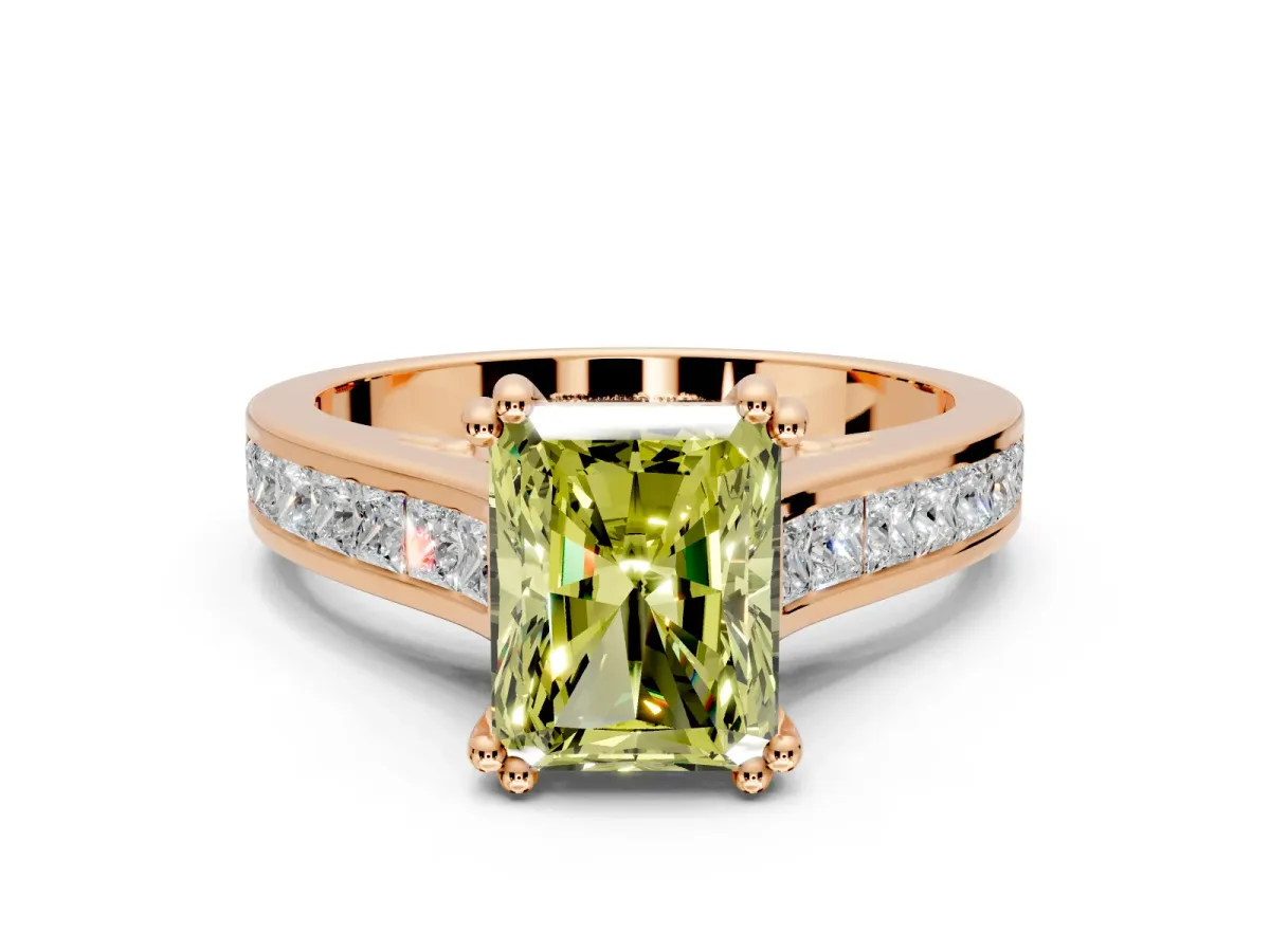 Solitaire Engagement Ring Setting for Fancy Yellow Radiant Cut Center with Channel Band and Double Claw Prong Head in Rose Gold