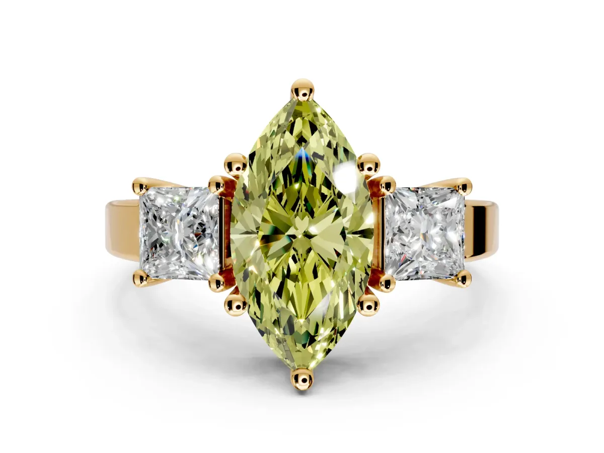 3 Stone Engagement Ring Setting for Fancy Yellow Marquise Center with Matching Side Accents and Prong Head in Yellow Gold