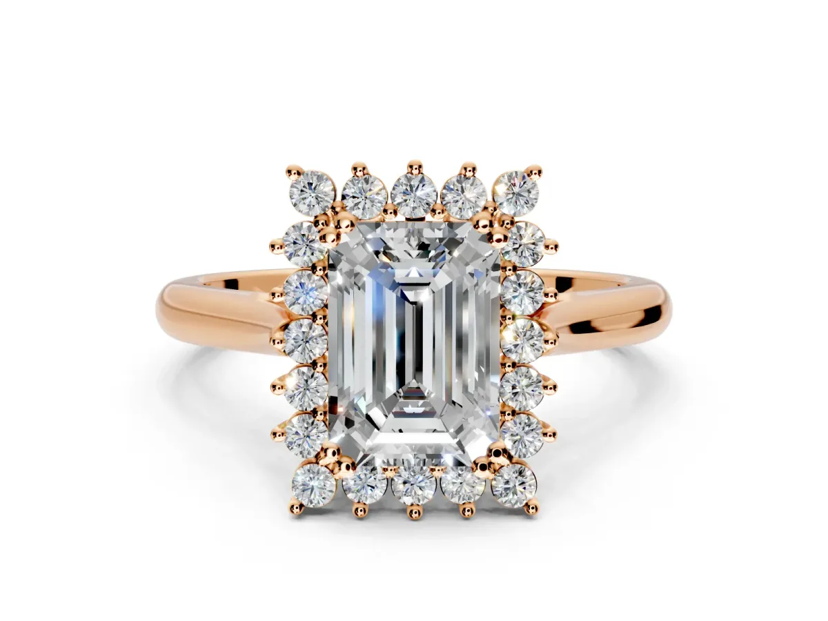Starburst Halo Engagement Ring Setting for Emerald Cut Center with Thin Round-Wire Band and Prong Head in Rose Gold