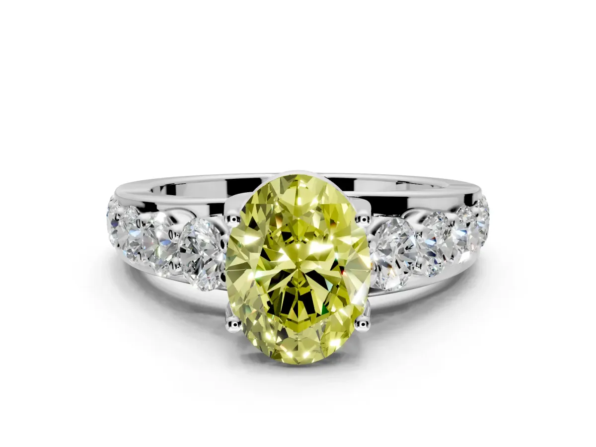 Solitaire Engagement Ring Setting for Fancy Yellow Oval Center with Graduated Shared Prongs and Prong Head in Platinum
