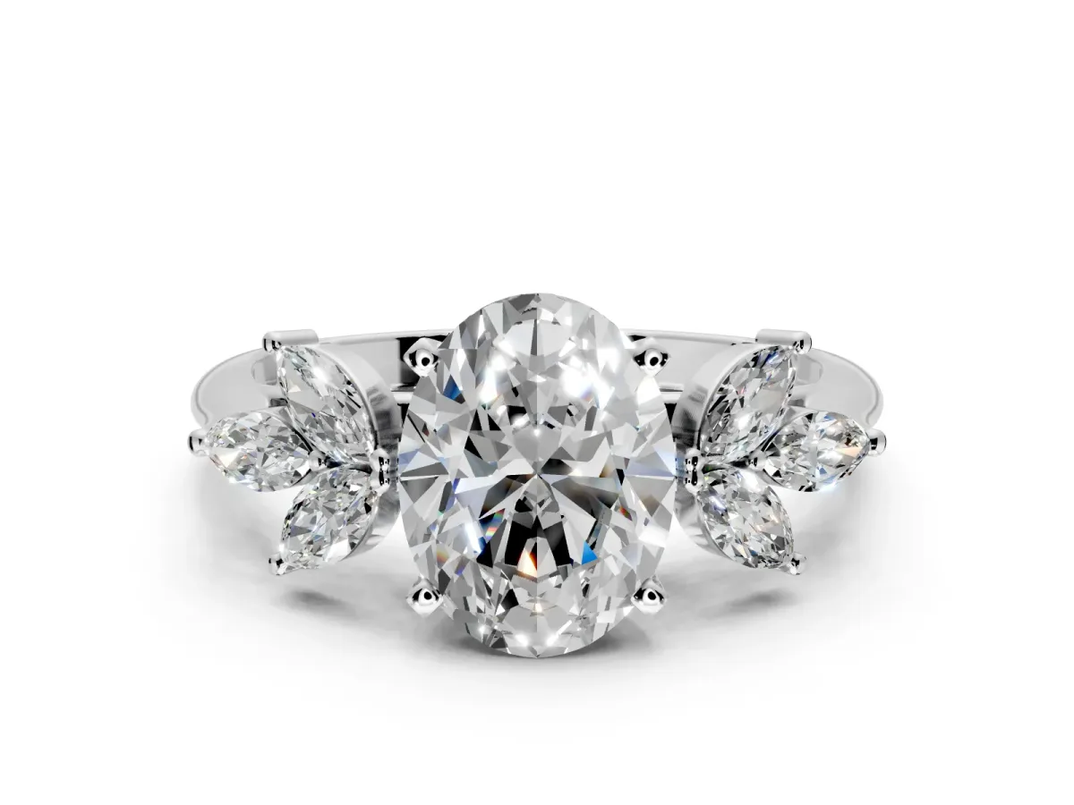 Floral Cluster Engagement Ring Setting for Oval Center with Marquise Accents and Prong Head in Platinum