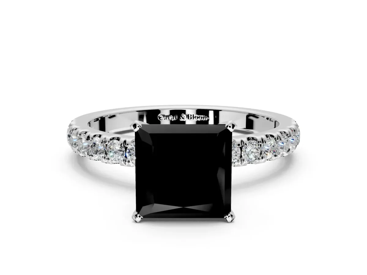 Open Basket Engagement Ring Setting for Fancy Black Princess Cut Center with Pave Band and Prong Head in Sterling Silver