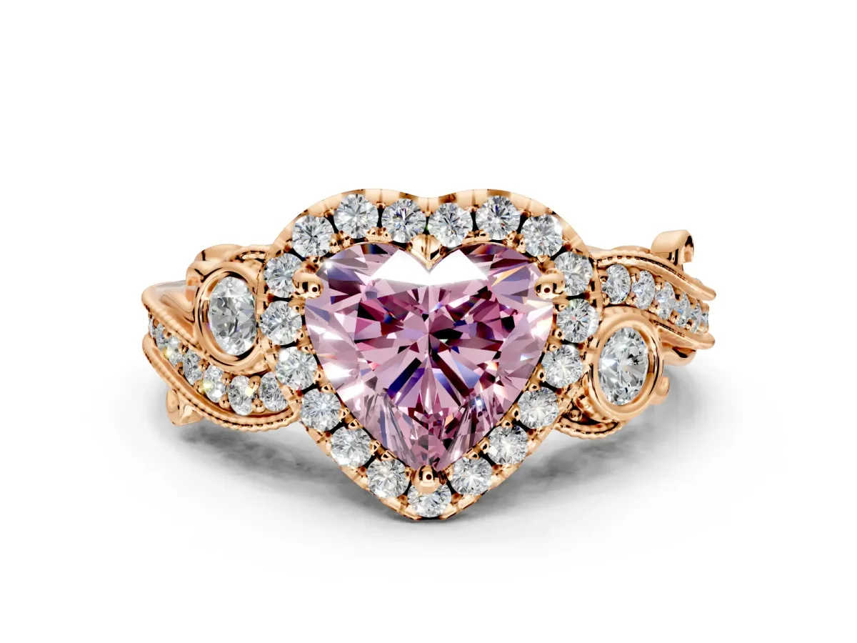 Milgrain Halo Engagement Ring Setting for Fancy Pink Heart-Shaped Center with Shoulder Bezels and Prong Head in Rose Gold
