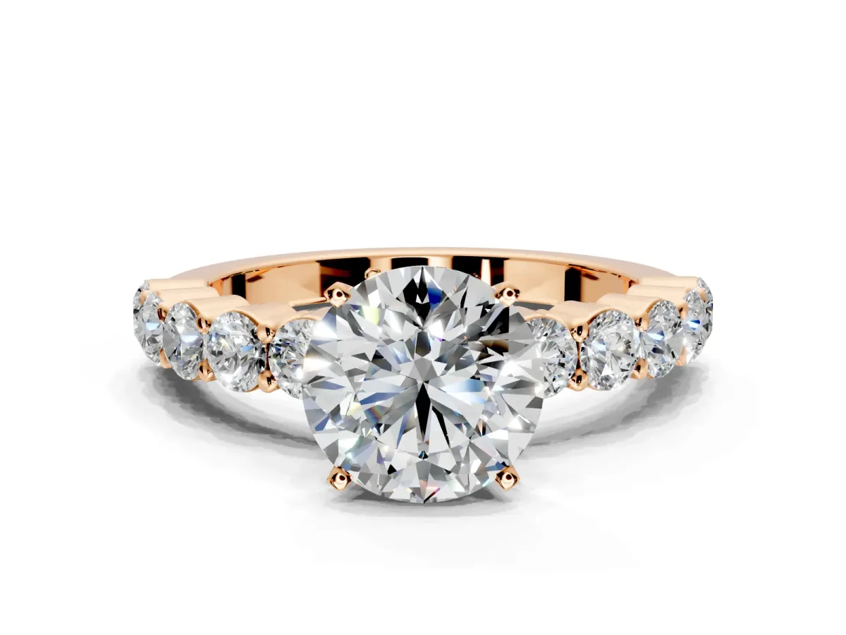 Shared-Prong Engagement Ring Setting for Round Cut Center with Graduated Accents and Prong Head in Rose Gold