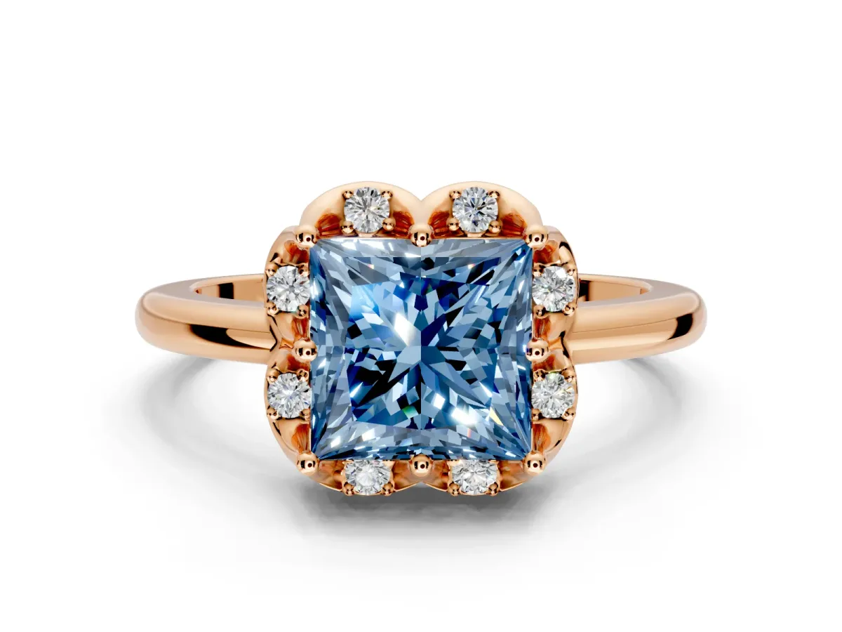Floral Frame Engagement Ring Setting for Fancy Blue Princess Cut Center with Accent Clusters and Prong Head in Rose Gold