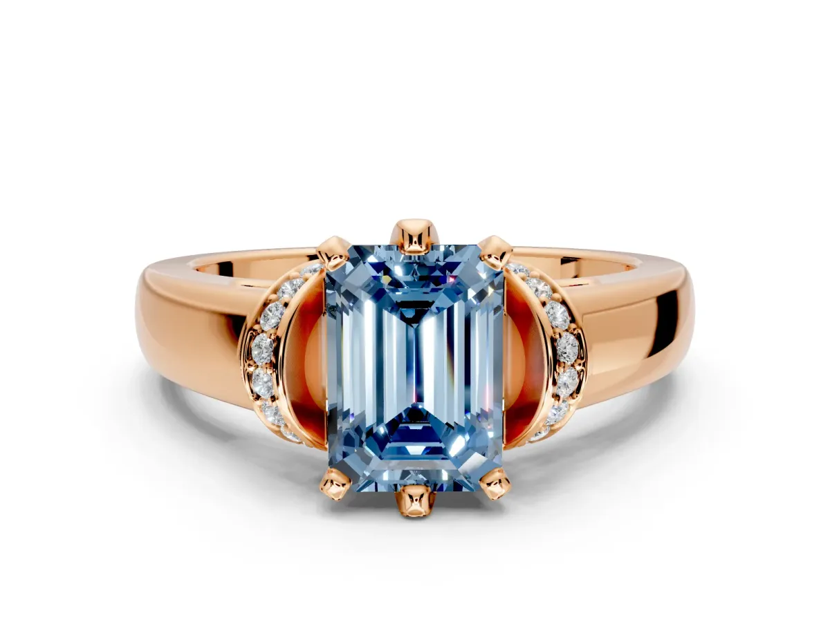 Solitaire Engagement Ring Setting for Fancy Blue Emerald Cut Center with Wide Band, Pave Collar and Prong Head in Rose Gold