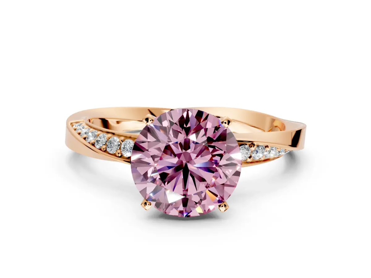Side Accent Engagement Ring Setting for Fancy Pink Round Cut Center with Accent Shoulders and Prong Head in Rose Gold