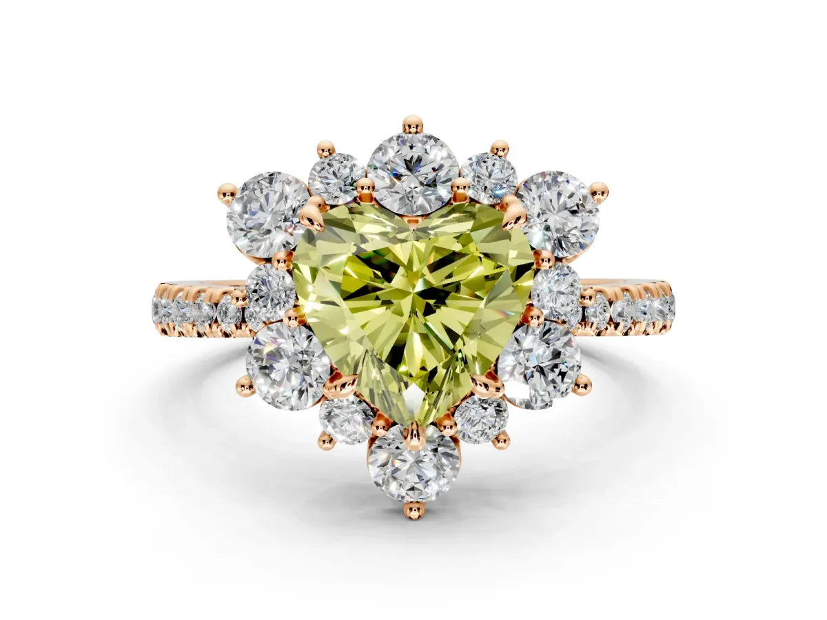 Floral Halo Engagement Ring Setting for Fancy Yellow Heart-Shaped Center with Pave Accents and Prong Head in Rose Gold