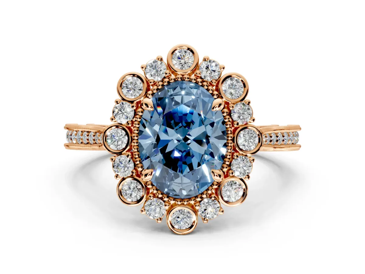 Milgrain Halo Engagement Ring Setting for Fancy Blue Oval Center with Bezel Point Accents and Prong Head in Rose Gold