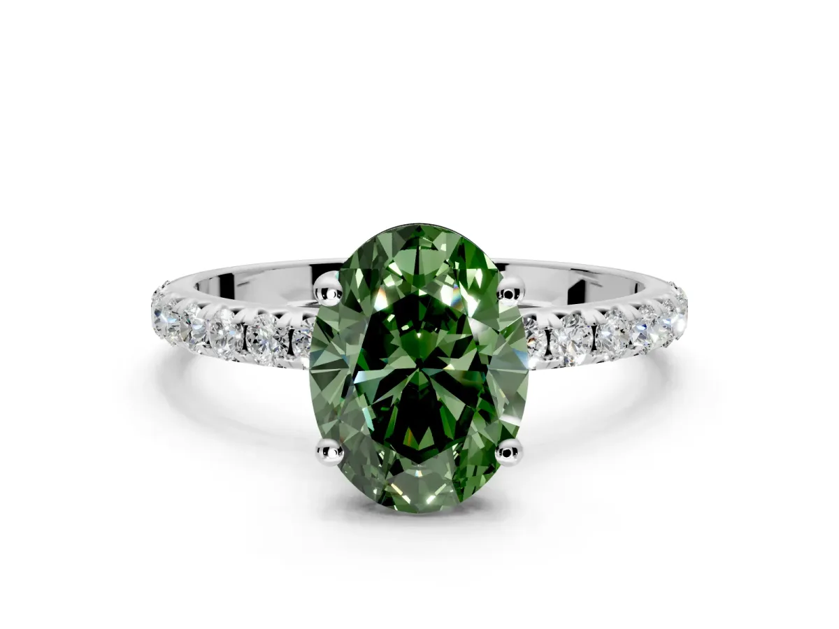 Solitaire Engagement Ring Setting for Fancy Green Oval Center with Micro Pave Band and Prong Head in Sterling Silver