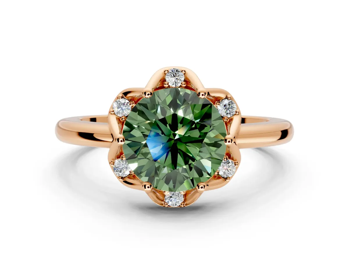 Floral Frame Engagement Ring Setting for Fancy Green Round Cut Center with Accent Clusters and Prong Head in Rose Gold
