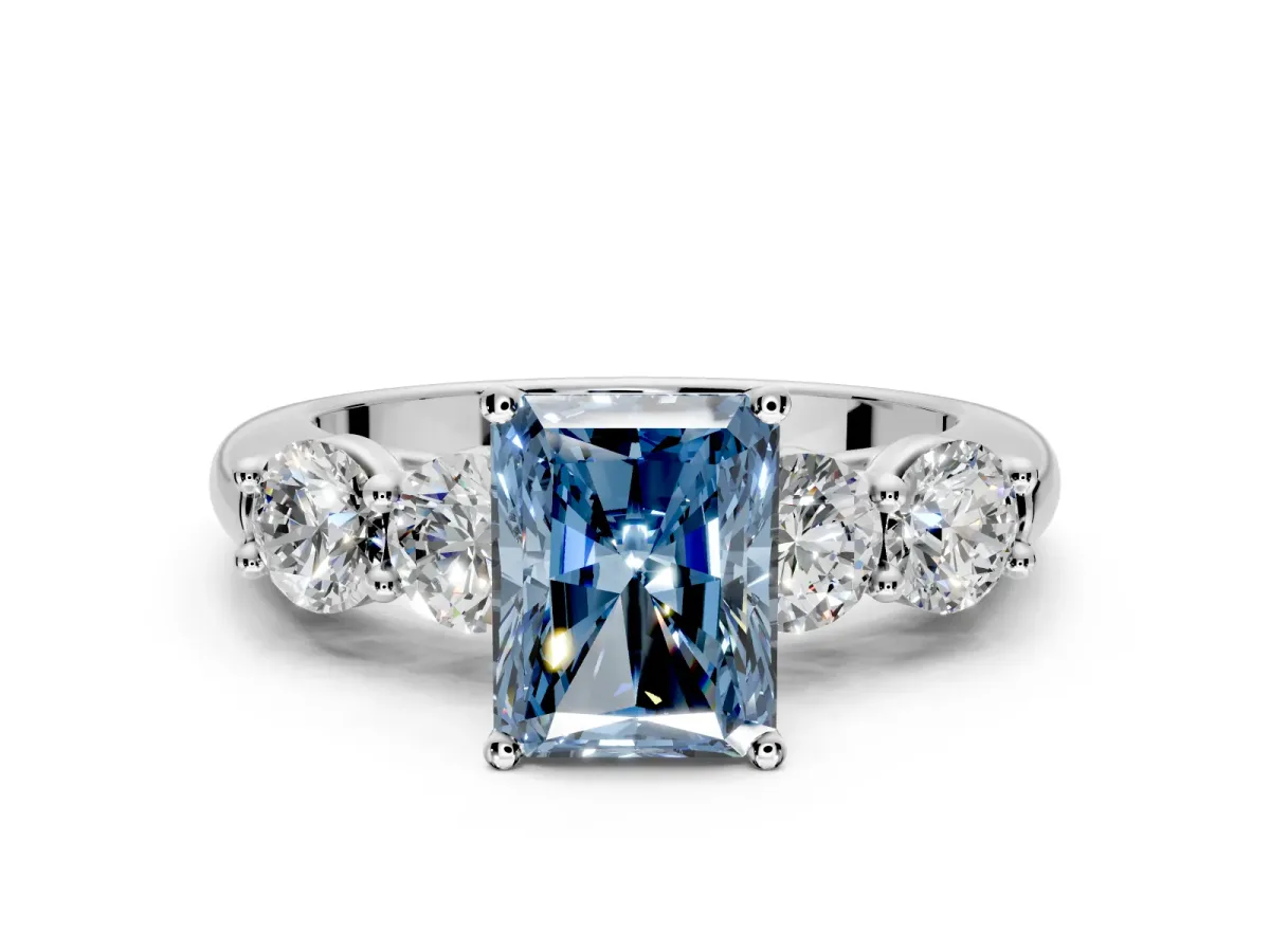 5 Stone Engagement Ring Setting for Fancy Blue Radiant Cut Center with Graduated Accents and Prong Head in Platinum