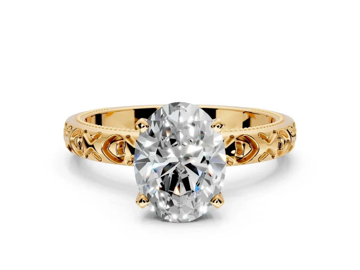 Solitaire Engagement Ring Setting for Oval Center with XO Engraved Band and Prong Head in Yellow Gold