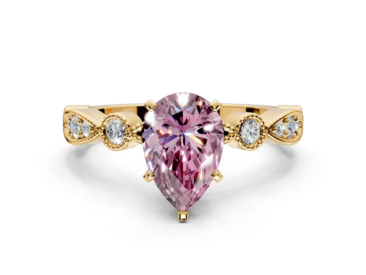 Solitaire Engagement Ring Setting for Fancy Pink Pear-Shaped Center with Milgrain Bezel Accents and Prong Head in Yellow Gold
