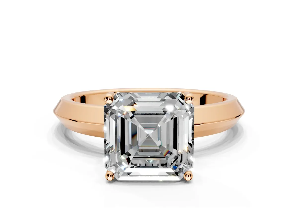 Solitaire Engagement Ring Setting for Asscher Cut Center with Wide Knife Ridge Band and Prong Head in Rose Gold