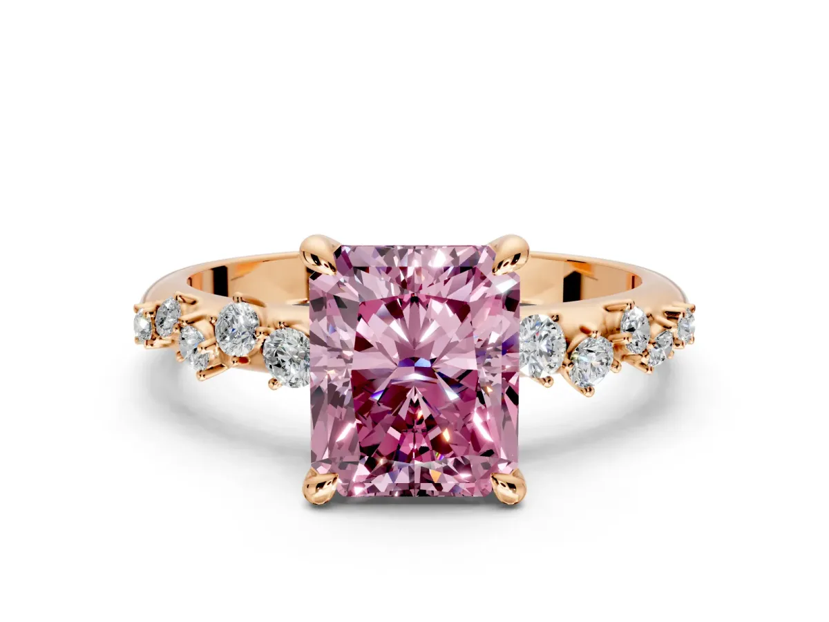 Solitaire Engagement Ring Setting for Fancy Pink Radiant Cut Center with Trailing Leaf Accent Band and Prong Head in Rose Gold