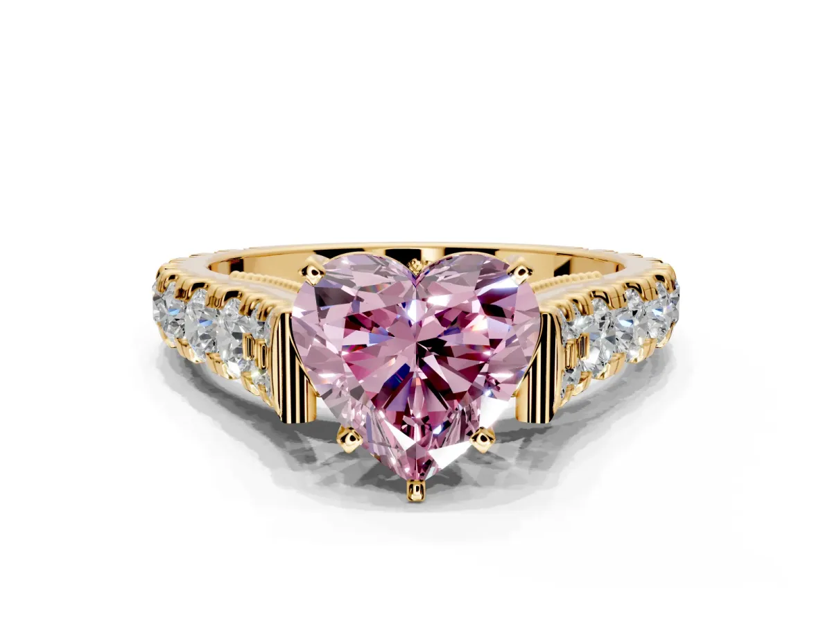 Solitaire Engagement Ring Setting for Fancy Pink Heart-Shaped Center with Pave Cathedral Shoulders and Prong Head in Yellow Gold