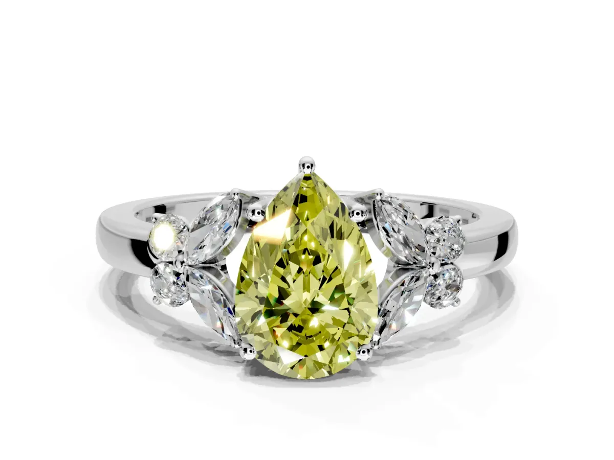 Solitaire Engagement Ring Setting for Fancy Yellow Pear-Shaped Center with Marquise Flower Shoulders and Prong Head in Platinum