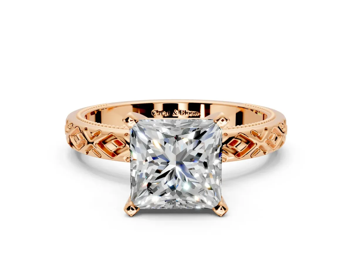 Solitaire Engagement Ring Setting for Princess Cut Center with Milgrain X Pattern Band and Prong Head in Rose Gold