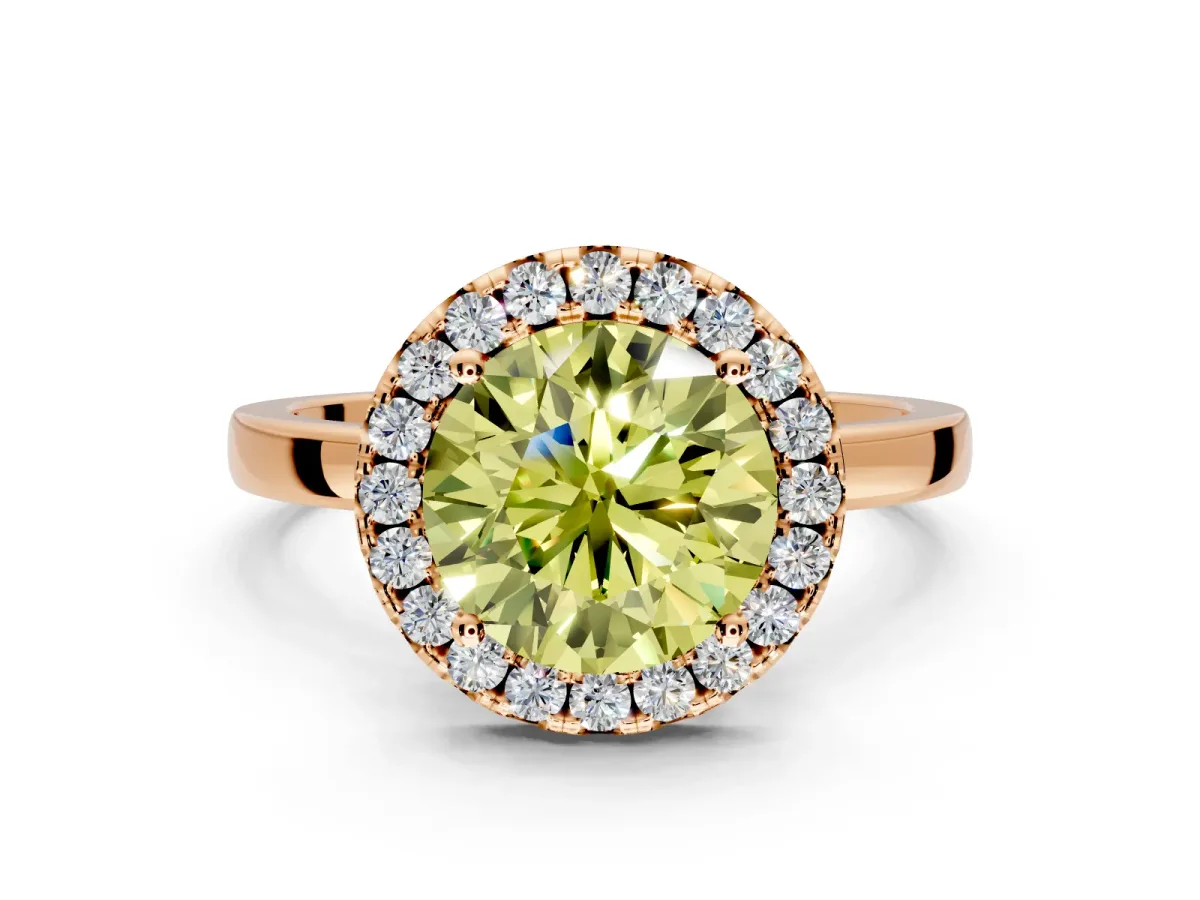 Halo Engagement Ring Setting for Fancy Yellow Round Cut Center with Thin Plain Band and Prong Head in Rose Gold