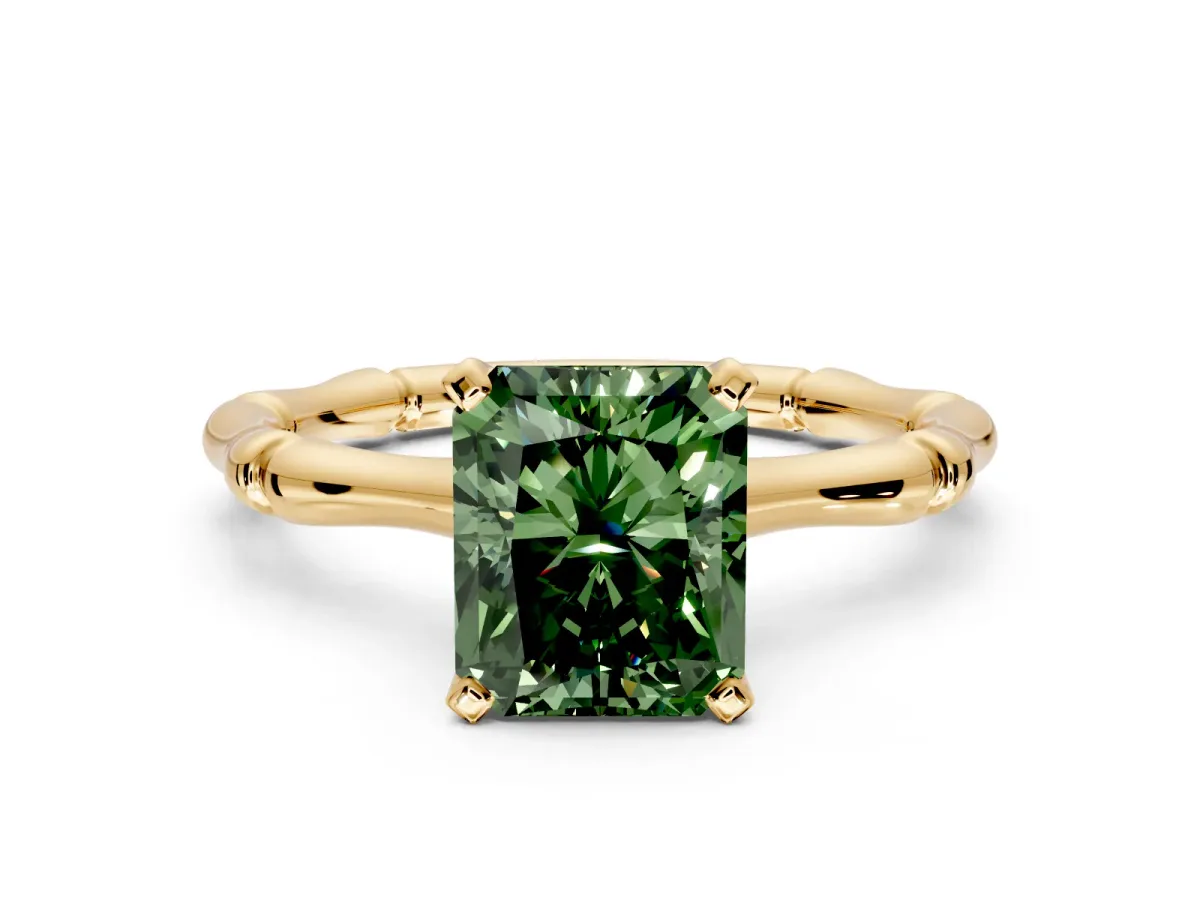 Solitaire Engagement Ring Setting for Fancy Green Radiant Cut Center with Bamboo Band and Prong Head in Yellow Gold