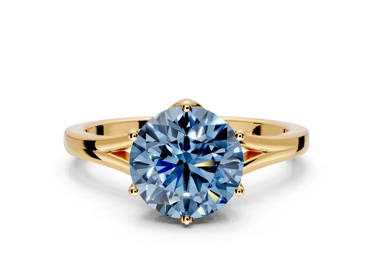 Solitaire Engagement Ring Setting for Fancy Blue Round Cut Center with Plain Split Shank and Prong Head in Yellow Gold