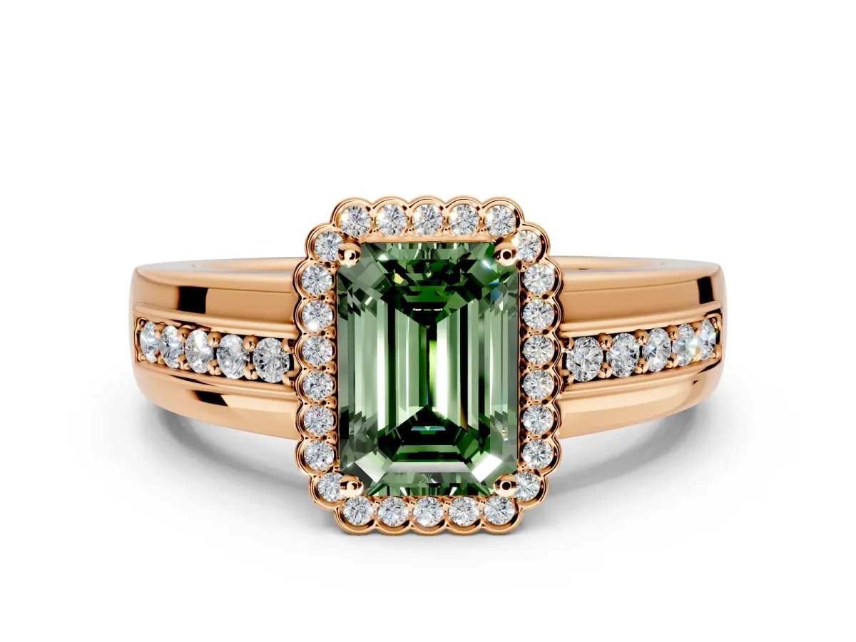 Halo Engagement Ring Setting for Fancy Green Emerald Cut Center with Wide Band, Inlaid Accent Row and Prong Head in Rose Gold