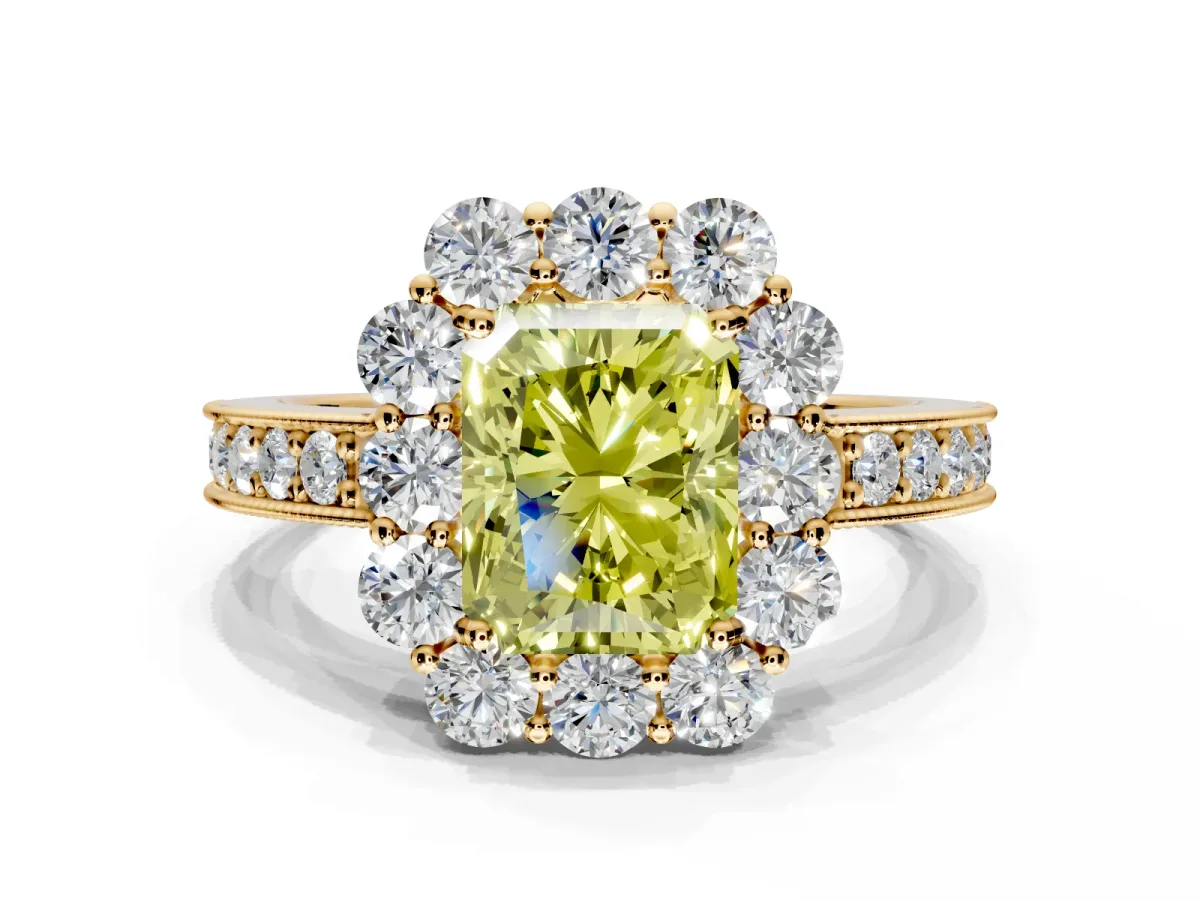Halo Engagement Ring Setting for Fancy Yellow Radiant Cut Center with Milgrain Channel Band and Prong Head in Yellow Gold