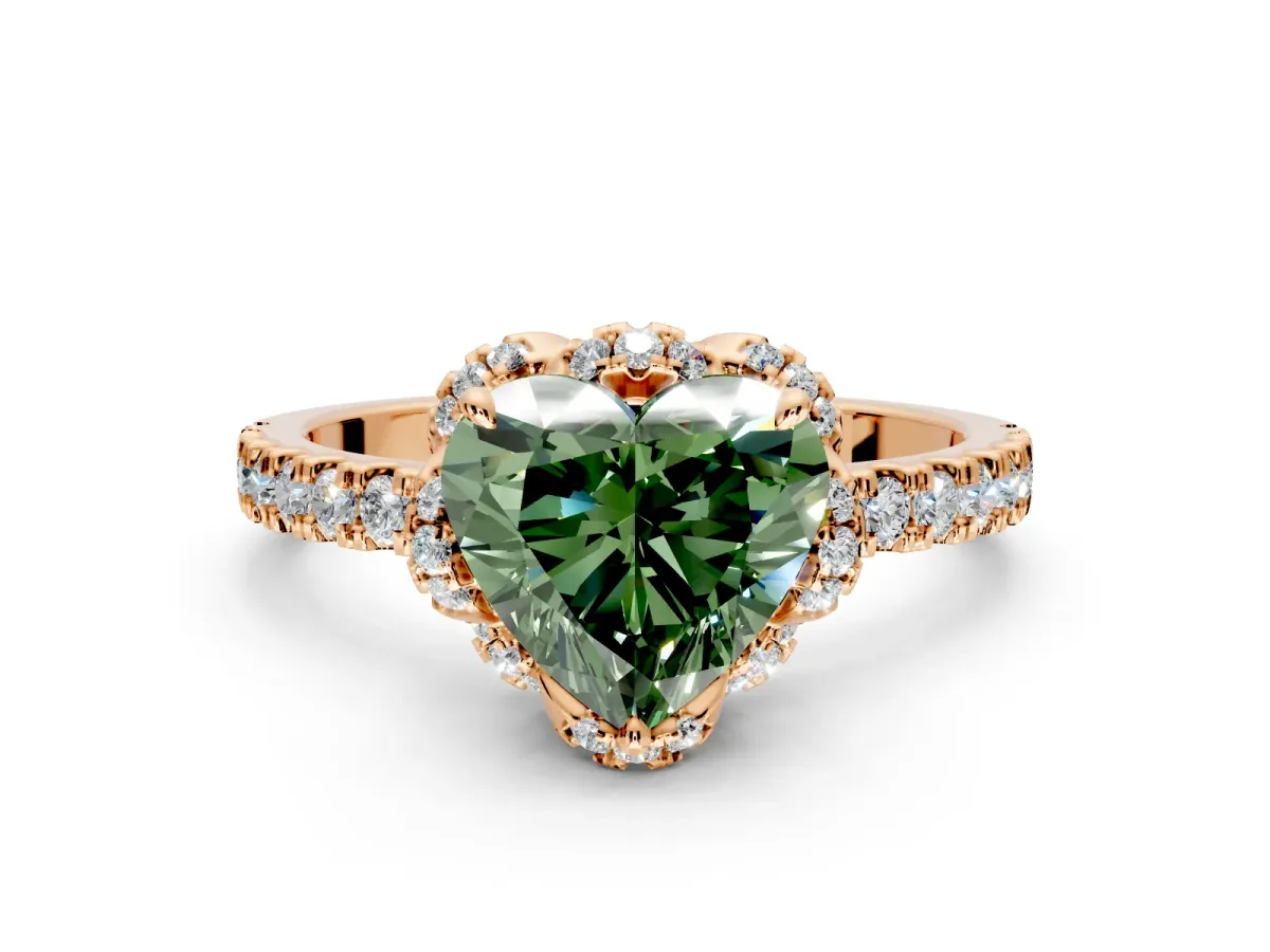 Halo Engagement Ring Setting for Fancy Green Heart-Shaped Center with Openwork Halo, Pave Band and Prong Head in Rose Gold