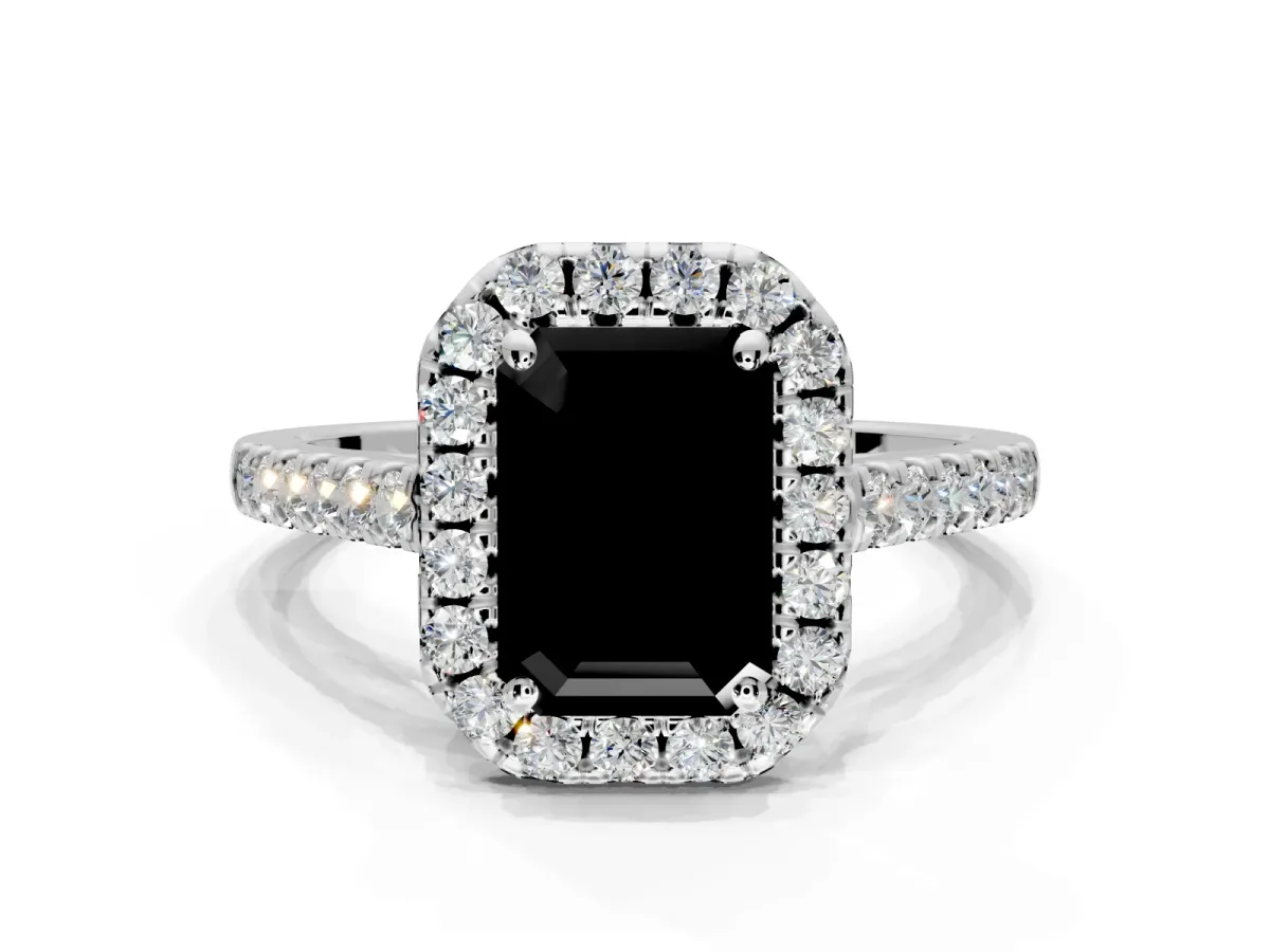 Halo Engagement Ring Setting for Fancy Black Emerald Cut Center with Narrowing Pave Band and Prong Head in White Gold