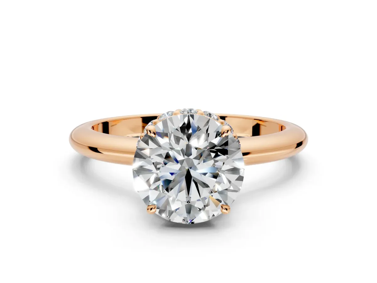 Hidden Halo Engagement Ring Setting for Round Cut Center with Plain Rounded Band and Prong Head in Rose Gold