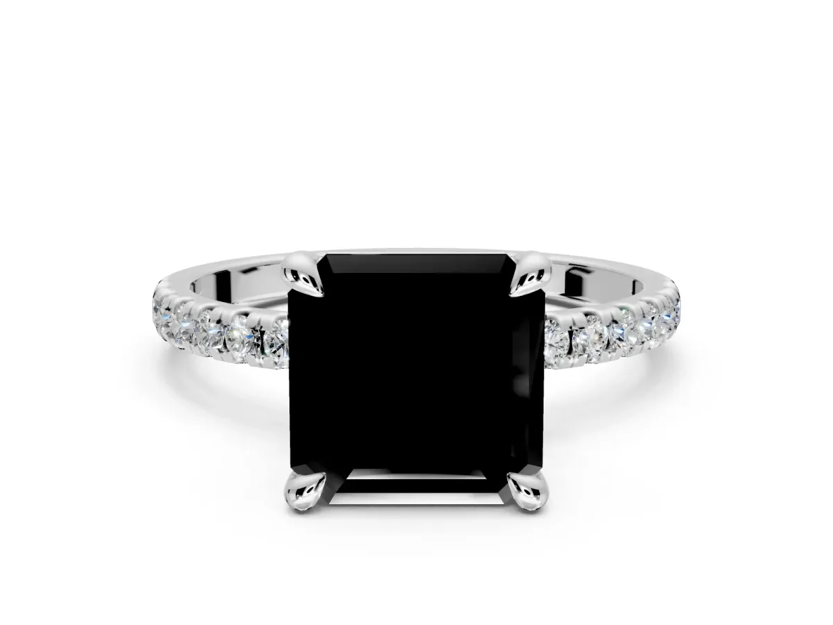 Solitaire Engagement Ring Setting for Fancy Black Asscher Cut Center with Fine Pave Narrow Band and Prong Head in Platinum