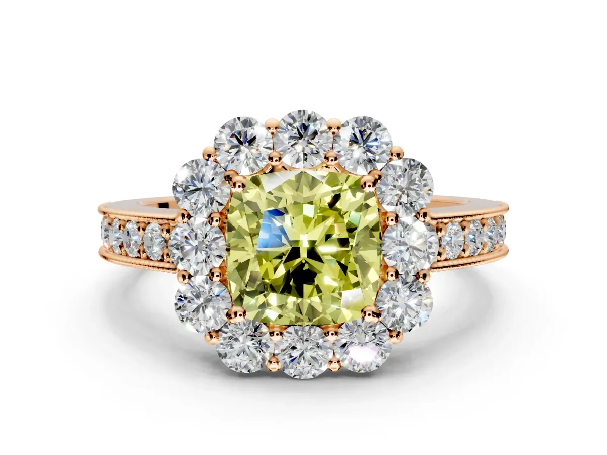 Halo Engagement Ring Setting for Fancy Yellow Cushion Cut Center with Milgrain Channel Band and Prong Head in Rose Gold