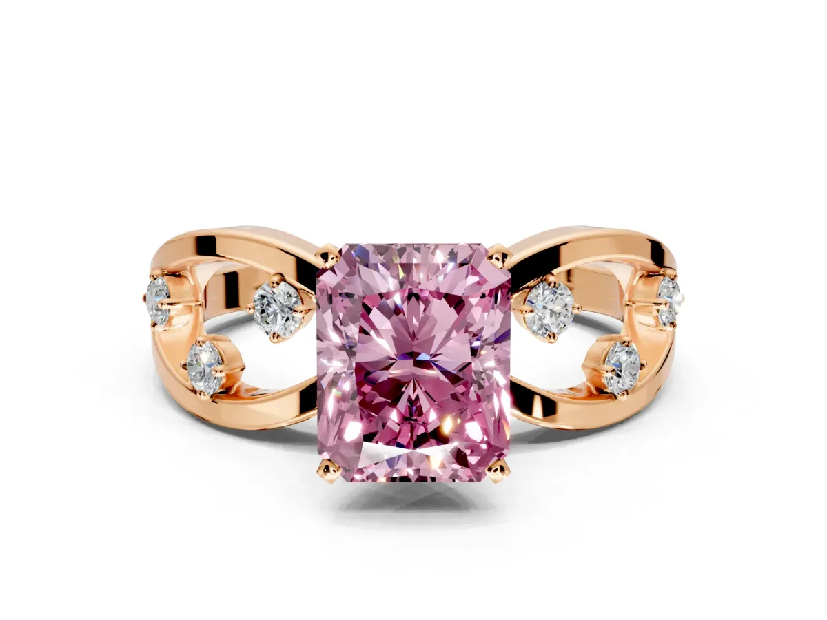 Solitaire Engagement Ring Setting for Fancy Pink Radiant Cut Center with Criss-Cross Accent Band and Prong Head in Rose Gold