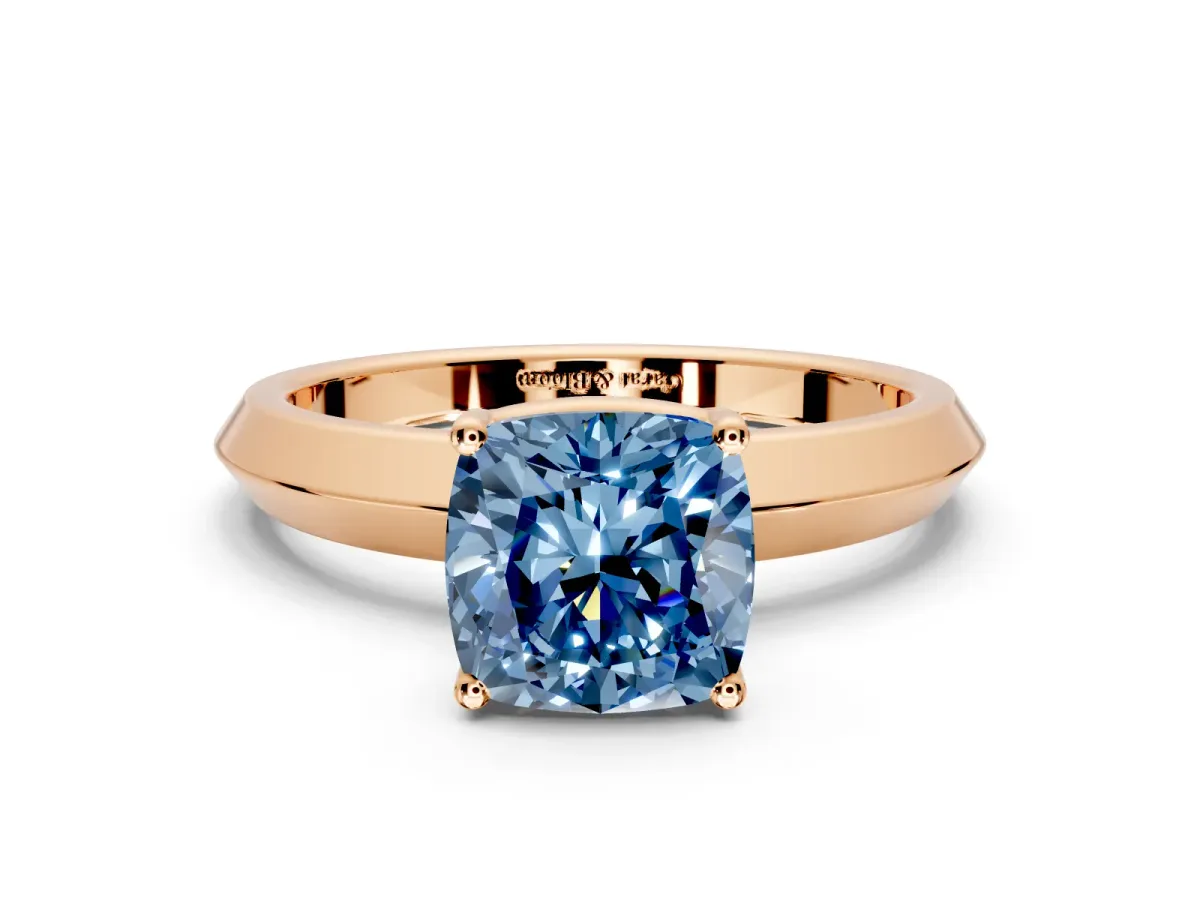 Solitaire Engagement Ring Setting for Fancy Blue Cushion Cut Center with Wide Knife Ridge Band and Prong Head in Rose Gold