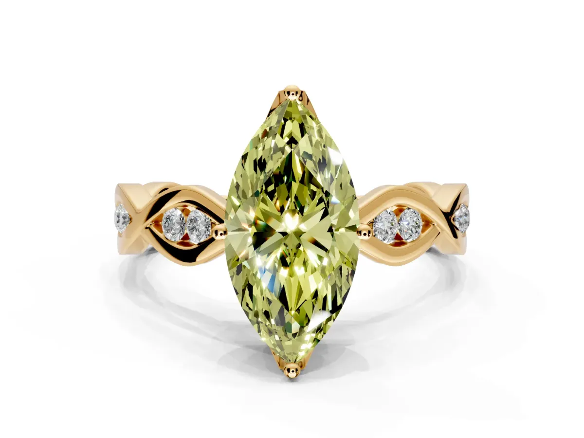 Solitaire Engagement Ring Setting for Fancy Yellow Marquise Center with Accented Twist Band and Leaf Prong Head in Yellow Gold