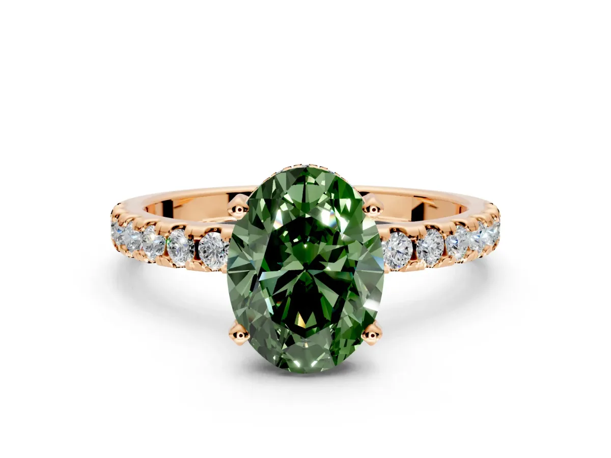 Solitaire Engagement Ring Setting for Fancy Green Oval Center with Band of Accents and Prong Head in Rose Gold