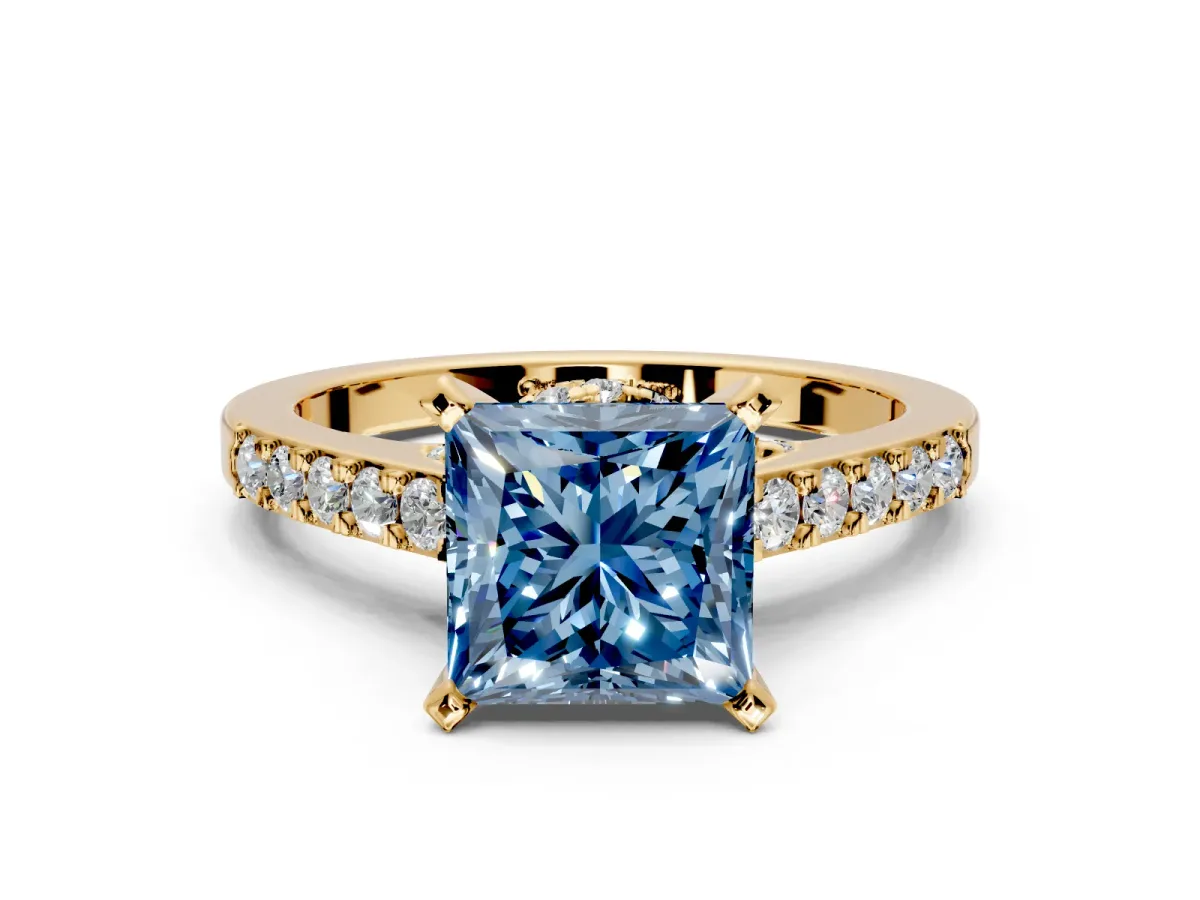 Solitaire Engagement Ring Setting for Fancy Blue Princess Cut Center with Crossover Accents and Prong Head in Yellow Gold