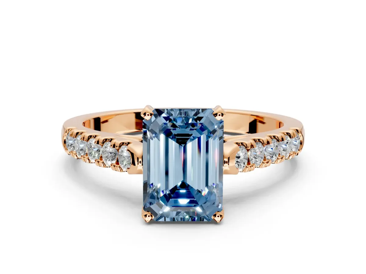 Solitaire Engagement Ring Setting for Fancy Blue Emerald Cut Center with Partway Pave Band and Prong Head in Rose Gold