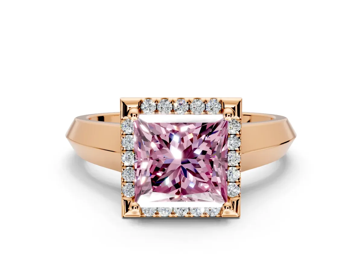 Halo Engagement Ring Setting for Fancy Pink Princess Cut Center with Knife Ridge Cathedral Band and Prong Head in Rose Gold