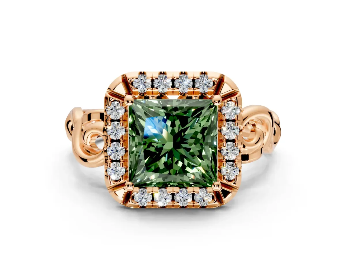 Halo Engagement Ring Setting for Fancy Green Princess Cut Center with Open Scroll Shoulders and Prong Head in Rose Gold