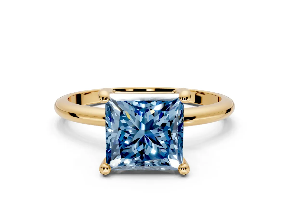 Minimalist Solitaire Engagement Ring Setting for Fancy Blue Princess Cut Center with Thin Band and Prong Head in Yellow Gold