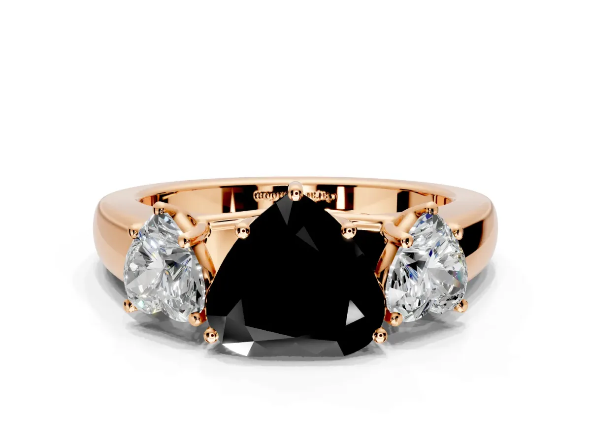 3 Stone Engagement Ring Setting for Fancy Black Heart-Shaped Center with Raised Basket Heads and Prong Head in Rose Gold