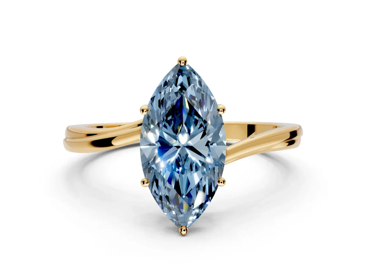 Solitaire Engagement Ring Setting for Fancy Blue Marquise Center with Plain Bypass Twist Band and Prong Head in Yellow Gold