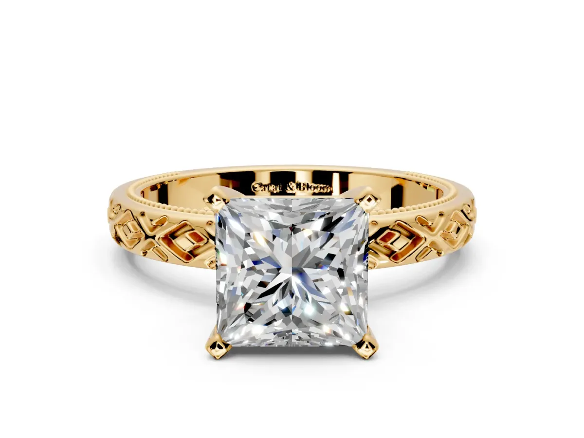 Solitaire Engagement Ring Setting for Princess Cut Center with Milgrain X Pattern Band and Prong Head in Yellow Gold