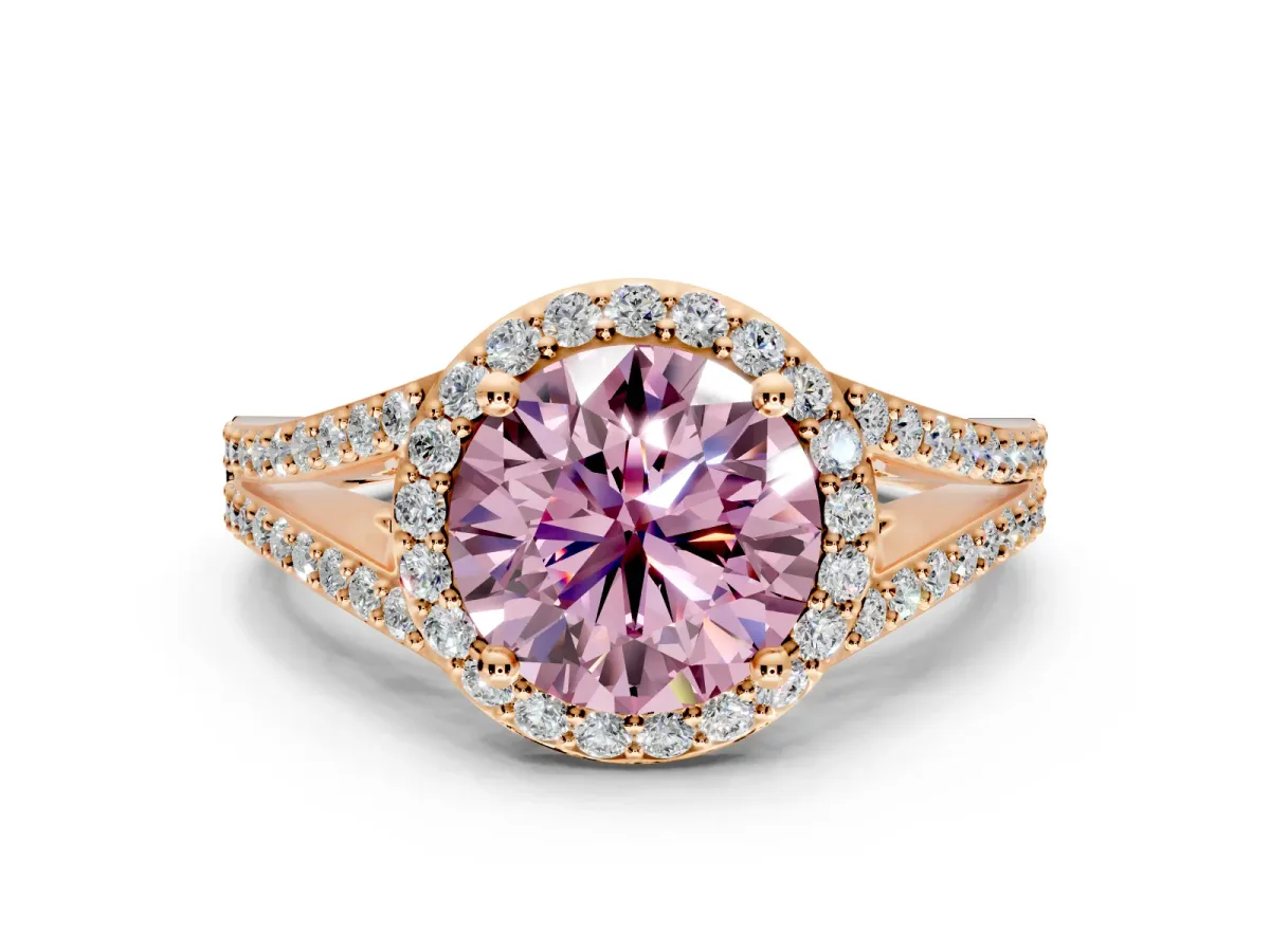 Halo Engagement Ring Setting for Fancy Pink Round Cut Center with Pave Split Shank and Prong Head in Rose Gold