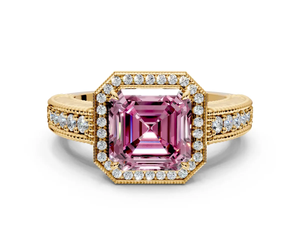 Milgrain Halo Engagement Ring Setting for Fancy Pink Asscher Cut Center with Pave Band and Prong Head in Yellow Gold