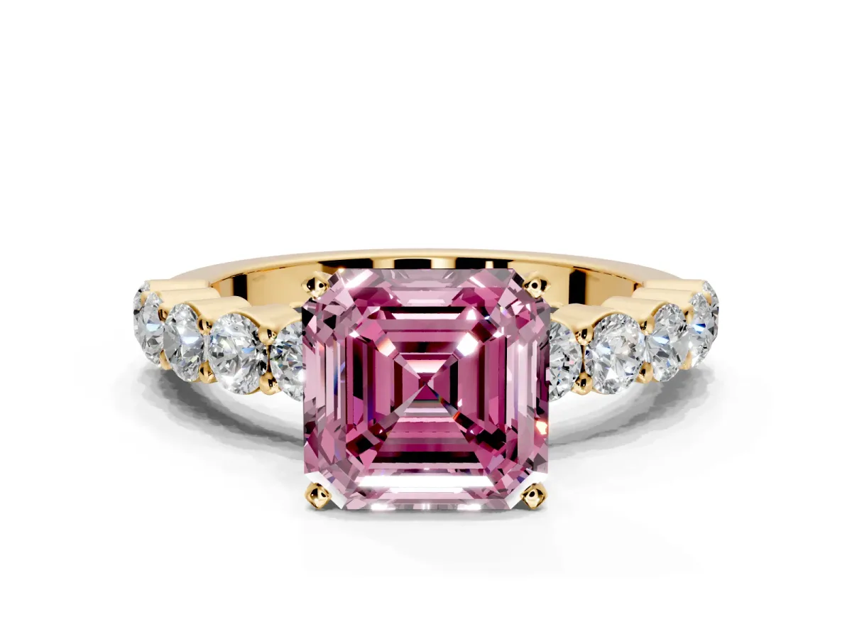 Shared-Prong Engagement Ring Setting for Fancy Pink Asscher Cut Center with Graduated Accents and Prong Head in Yellow Gold