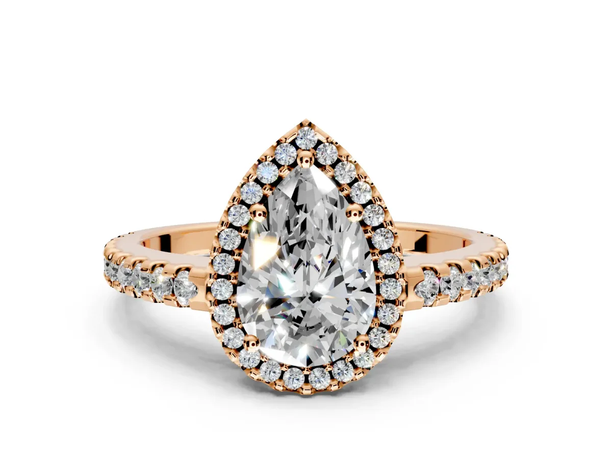 Accent Halo Engagement Ring Setting for Pear-Shaped Center with Full-Length Pave Band and Prong Head in Rose Gold